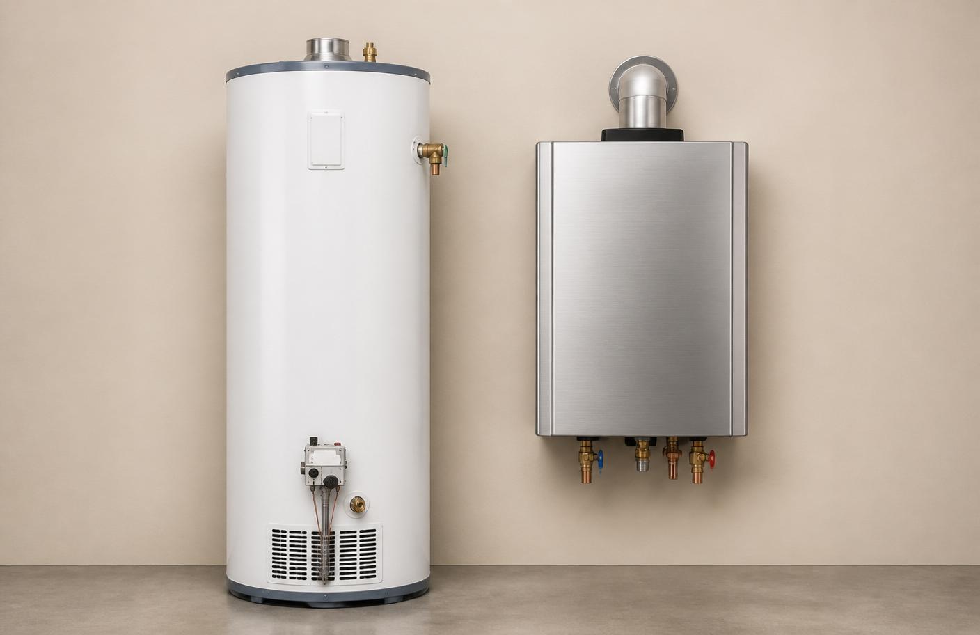 Technician comparing a tank and tankless water heater during a replacement in Aurora, Colorado